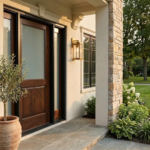 Image of Quoizel Westover 14.25 inch Outdoor Wall Lantern, Antique Brass | 1-Light, Clear Seeded Glass, Outdoor Wall Light, Modern Industrial