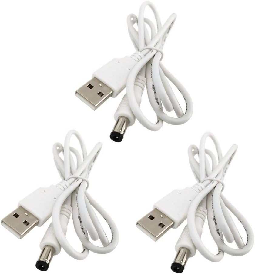 DZYDZR 3pcs Extension Cable USB to DC Cable - 5V USB 2.0 Port Male to DC 5V Male 5.5mm x 2.5mm Power Cord White 100cm(3.3ft)