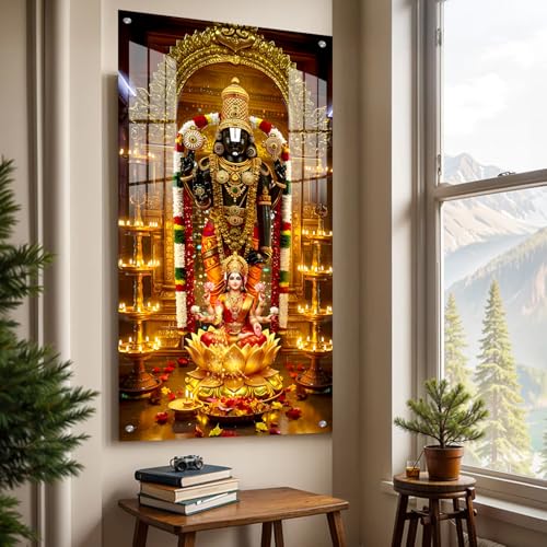 Image of The Hanging Story Tirupati Balaji & Laxmi ji Wall Painting for Living Room, Bedroom, Office, Home Temple | Vastu Religious Wall Decor Frame | Printed 4MM Acrylic (12x23 inch)