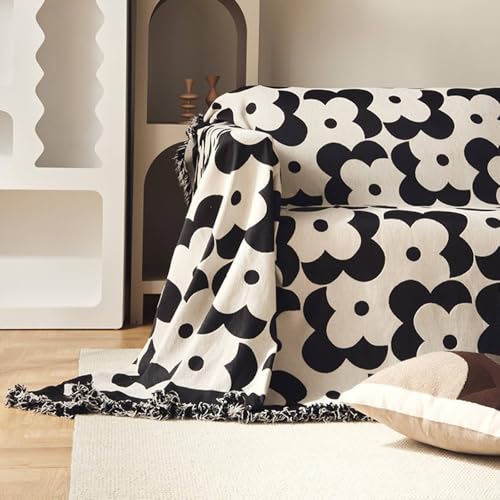 Aotiwe Drap de Canapé 3 Place, Housse Canapé Matelassé Noir Blanc Fleurs Noires et Blanches avec Pompons Chenille 180x340cm