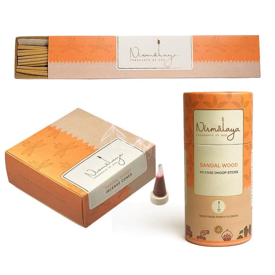 Image of Nirmalaya Premium Sandalwood Incense Combo Pack | 100% Natural Organic | 40 Incense Sticks, 40 Incense Cones, 40 Dhoop Sticks | Long-Lasting Fragrance for Pooja, Meditation & Yoga
