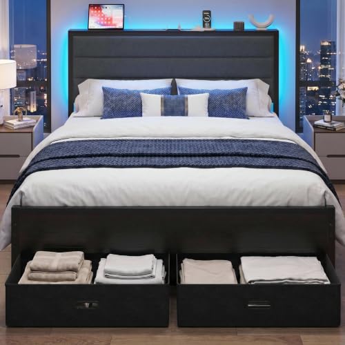 LIKIMIO Queen Size Bed Frame with 2 Storage Drawers Upholstered Headboard