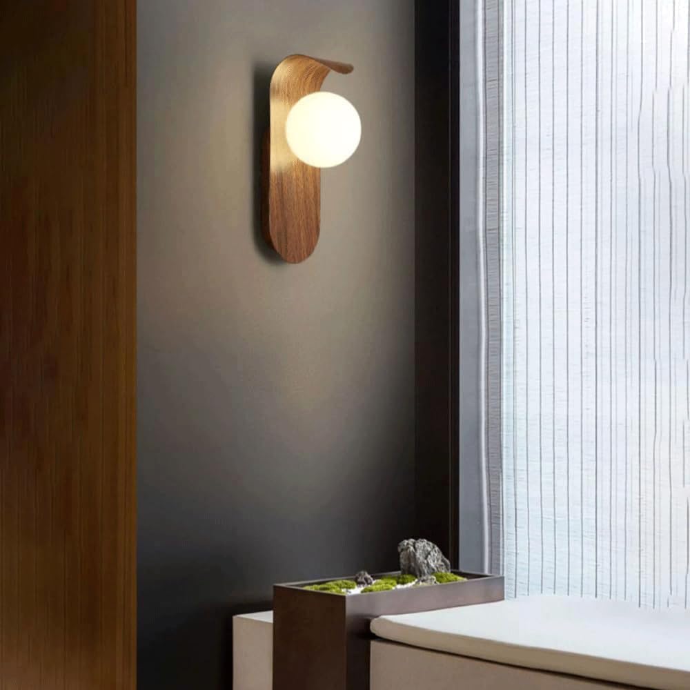 Mid Century Wall Sconce Walnut Texture Glass Globe Wall Lighting Wood Industrial Farmhouse Wall Light Bedside Indoor Retro Industrial Wall Mounted Lamp for Living Room Bedroom Bathroom