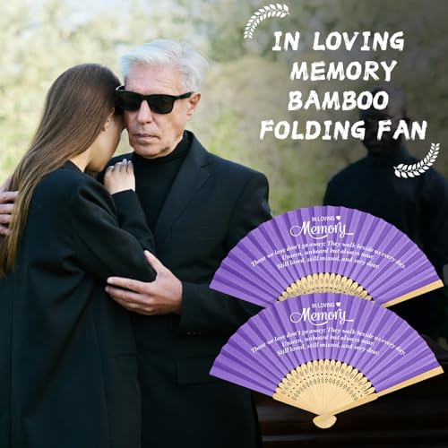 Image of Threehoney 50 Pack Funeral Favors for Guests in Loving Memory Handheld Fans Paper Folding Hand Fan Bulk Funeral Gifts for Services Condolence Sympathy Accessories (Purple)
