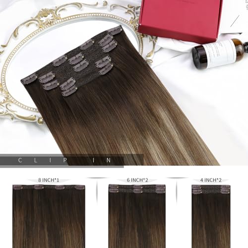 Moresoo Real Hair Extensions Clip in Human Hair Balayage Brown Clip in Hair Extensions Dark Brown to Light Brown with Dark Honey Blonde Short Bob Hair 10 Inch 5 Pcs/80g #4/10/16 - Image 3