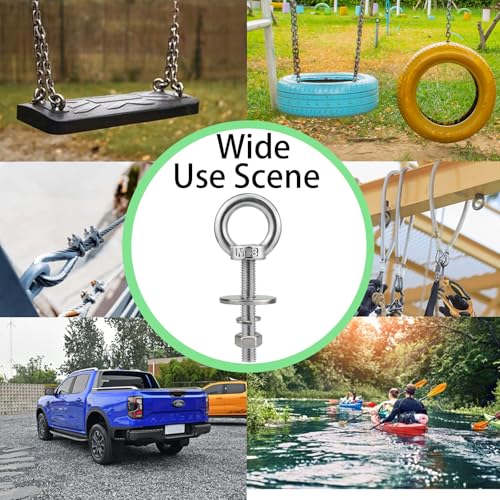 Image of M8 Stainless Steel Eye Bolts with Nuts 4 Pack, M8 x 50mm (5 /16 inch x 2 inch) Long Shoulder Lifting Eye Bolt for Swing Board, Heavy Duty Threaded Ring Screw Eyebolts kits for Tie Down Strap Outdoor