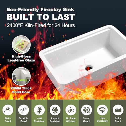 Image of Undermount Kitchen Sink Workstation 33x19 Inch - Drop in White Farm Sink, Single Bowl Deep Fireclay Sink with 4 Accessories, for Kitchen, Island
