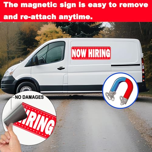 Image of 2 Pack Now Hiring Magnet for Cars and Trucks, 11.8 * 3.9 Inch Magnetic Car Signs with Strong Hold for Delivery Drivers, Business, Restaurants - Easy to Remove, Reusable Vehicle Magnet(Red-now hiring)