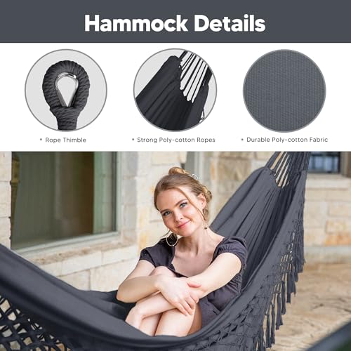 Image of SUNCREAT Portable Outdoor Hammock with Stand Included, Double Hammock with Tassel for Outside, Dark Gray