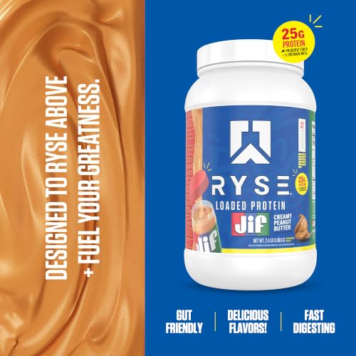 Image of Ryse Loaded Protein Powder - JIF Creamy Peanut Butter - 25g Whey Protein Isolate & Concentrate with Prebiotic Fiber & MCTs - Low Carb, Low Sugar, Digestive-Friendly - 20 Servings / 1.5 lb Tub