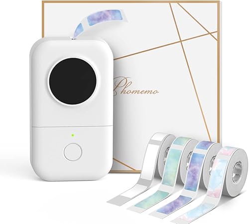 Phomemo Etiquetadora D30 con 4 cintas, color negro sobre patrones de estrellas coloridas, mini impresora de etiquetas Bluetooth, etiquetadora