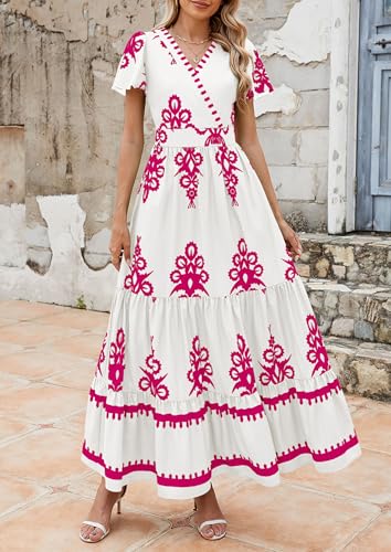 Image of PRETTYGARDEN Womens 2026 Summer Casual V Neck Boho Maxi Dress Flowy Aline Bell Sleeve Tiered Floral Dresses with Pocket