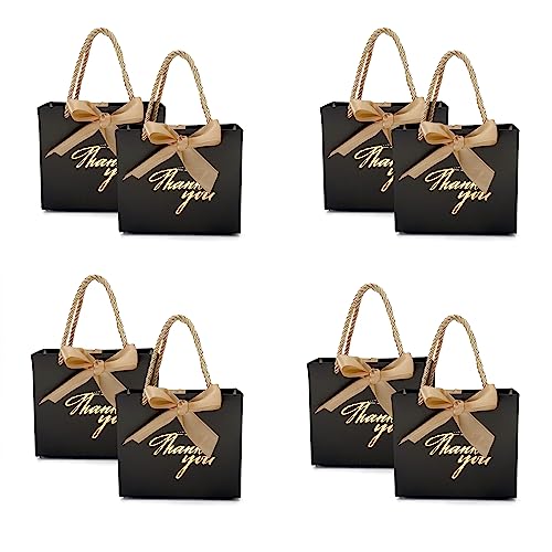 TKSBAG Bolsas de regalo negras, paquete de 50 bolsas pequeñas de regalo de agradecimiento con asas, 5.5 x 2.5 x 4.7 pulgadas, mini bolsas de papel de regalo a granel para baby shower, cumpleaños, boda