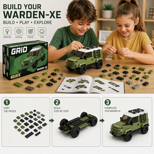 Image of GRIPZ Grid Car Building Blocks Set for Kids 6+ | DIY Construction Toy Vehicles | Educational STEM Building Kit | Creative Brick Toy Set for Boys & Girls (Warden XE)