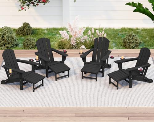 KINGYES Folding Adjustable Adirondack Chair with Ottoman & 2 Cup Holders Set of 4, HDPE Adirondack Recliner Chair with Footrest, Black