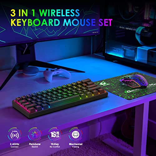 Image of 60% Wireless Gaming Keyboard and Mouse Combo Set 2.4GHz Rechargeable 3800mAh Quiet 61 Keys Compact Gaming Keyboard with Rainbow LED Backlit + 2400DPI 6 Buttons Rainbow LED Silent Mouse (Black)