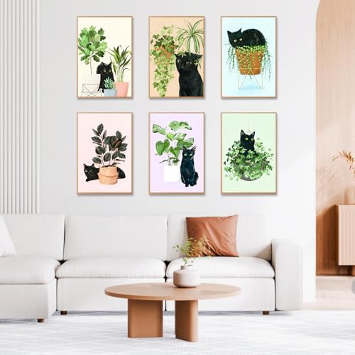 Image of 6 Pack Paint by Numbers Kit for Adults Beginner, Black Cat Adult Paint by Number Kits on Canvas Without Frame, Green Plant DIY Acrylic Oil Painting by Numbers Kits, Perfect for Home Decor 8x12 Inch