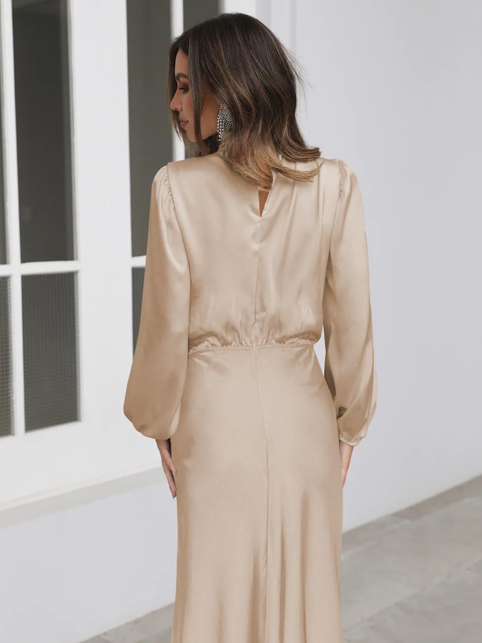 Donna Abito Lungo in Satin Increspato Maniche Lunghe Vestiit Vita in Stile Sciolto Autunno Nuovo Elegante Vestito Cocktail da Donna e Ragazze