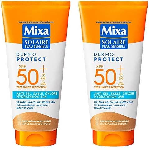 Mixa Solaire Peau Sensible - Lait Soin Solaire Très Haute Protection SPF 50+ UVA, UVA longs, UVB - Anti-Sel, Sable et Chlore - Hydratation 24H - Résistant à l'Eau - Hypoallergénique - 175ml (Lot de 2)