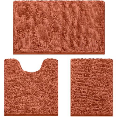 HOMEIDEAS 3 Pieces Bathroom Rugs Ultra Soft Non Slip Absorbent Chenille Toilet Bath Mat Set (Burnt Orange)