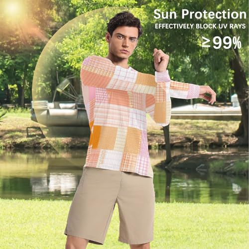 Herringbone Houndstooth Checked Orange Pink Jellyfishs Men's Rash Guard Breathable Comfort UV Sun Protection Shirts Running4