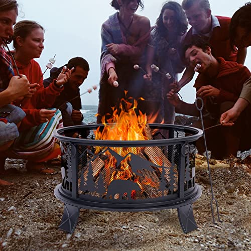Fire Pit, 24" Round Metal Fire Bowl for Camping Backyard Patio Bonfire Outdoor Wood Burning with Spark Screen – Image 3