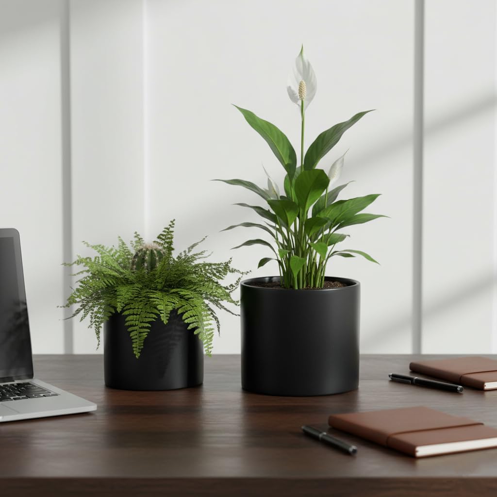 Nihow Flower Pot - 5 & 7 Inch Ceramic Planter Pots for Indoor Plants - Herbs/Snake/Succulent/Orchid Cylinder Plant Pot - Matte Black (Set of 2) - Plants not Included