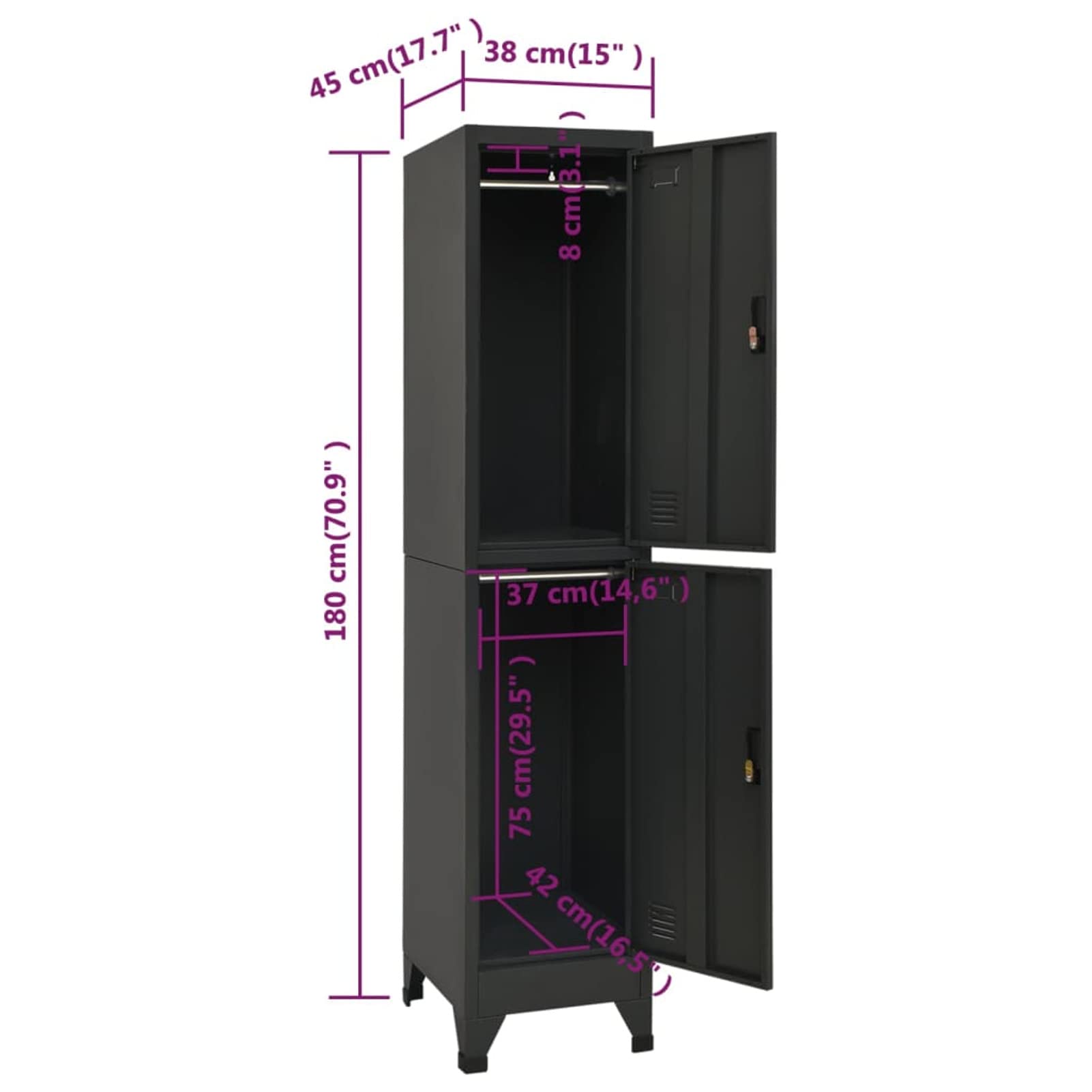 Festnight Armoire à casier avec 2 Compartiments en métal,Armoire de Rangement de Bureau,casier vestiaire Metallique,casier vestiaire Metallique 2 Cases-Anthracite 38x45x180 cm Acier