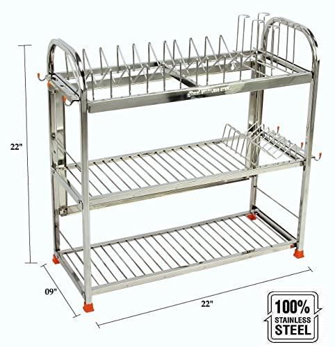 Image of AMOL Stainless Steel 3 Tier Dish Rack for Kitchen | Wall Mount & Countertop Plate Rack Organizer with Glass & Spoon Holder | Rust Proof Utensils Drying Stand (22 x 22 x 09 inches)