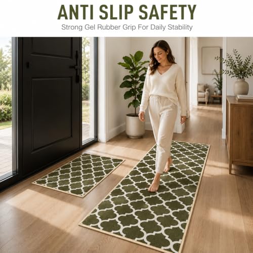 Image of Matz&More Anti Slip Kitchen Runner Mat & Doormat Combo (50x120cm + 40x60cm), Nylon Tufted Floor Carpet with Rubber Backing for Kitchen, Hallway, Bedroom, Bathroom & Entrance, Trellis Dark Olive