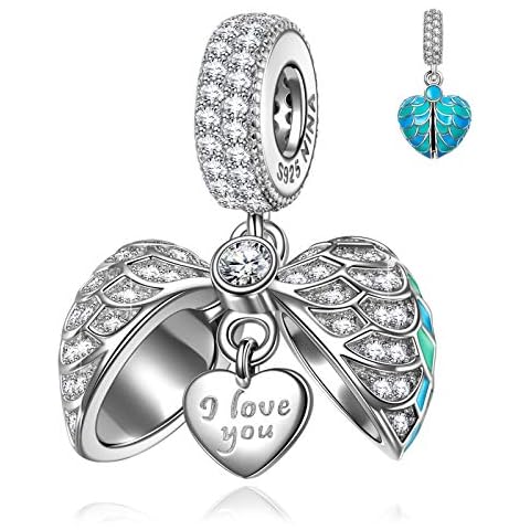 NINAQUEEN Angel Wings Charms Love Heart Anniversary Christmas Gifts 925 Sterling Silver Bead for Women Girls I Love You Forever Compatible with Charms Bracelet and Necklace Wedding Jewelry Box Cover
