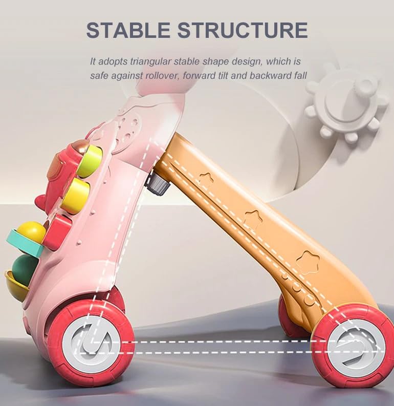 Goyal's Multi-Functional Sit-to-Stand Baby Walker with Music, Lights & Activity Center – Detachable Airplane, Rotating Gears, Shape Sorter, Ball Game, Adjustable Wheel Speed & Sand/Water Fillable Legs for Extra Stability (Pink) 4