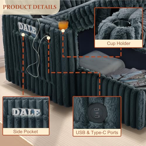Image of 107'' Sectional Sleeper Sofa with Pull Out Bed, Storage Chaise, Adjustable Backrest, USB Charger, Cup Holder & Side Pocket, Fluffy Soft Corduroy U Shaped Couch for Living Room, Dark Grey