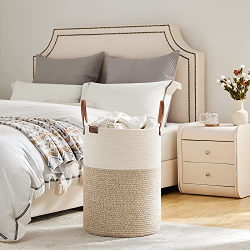 Image of VIPOSCO 72L Tall Woven Rope Laundry Hamper, Leather Handles, White & Brown | Large Wicker Laundry Basket for Dirty Clothes, Blanket, Toy, Towel, Yoga Mat, Storage Bin in Bedroom, Bathroom, Living Room