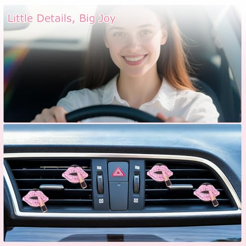 Image of ORIESSE Pink Air Vent Clips Car Air freshener 4pcs Dazzling Lips Lipstick Bling Car Interior Decorations Accessories for Women Teens Girly Refillable Diffusers