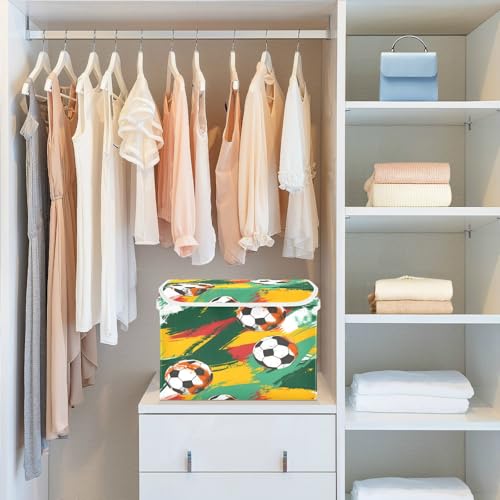 Image of senya Large Storage Bins with Linen Collapsible Foldable Storage Cubes Fabric Closet Organizer Containers box with Flip-Top Lid for Home Bedroom Office 16.7 x 12.6 x 11.8in (Football)
