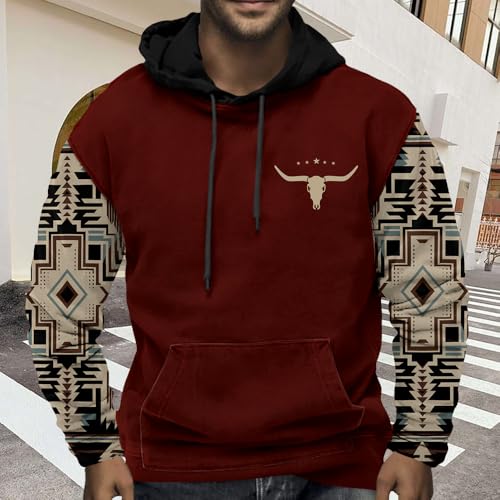 ZOCANIA Mens Aztec Hoodie Western Cowboy Sweatshirt Country Oversized Bull Head Long Sleeve Drawstring Pullover with Pocket3