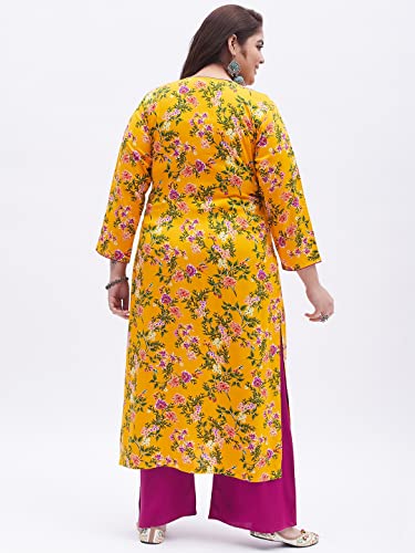 Image of Tissu Women's Plus Size Yellow & Pink Printed Kurta with Palazzo