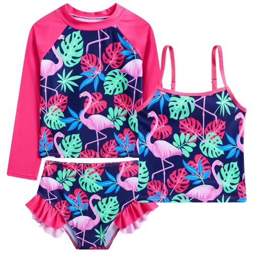 Image of Funnycokid Girls Swimsuit 3 Pieces Long Sleeve Rash Guard Set Tankini Bathing Suits Summer Kids Swimwear 3-10 Years