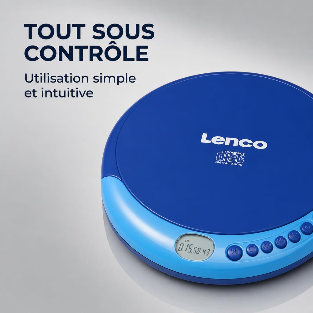 Lenco CD-011 - Lecteur CD portable avec fonction de recharge de la batterie -Diskman - CD Walkman - Avec écouteurs et câble de recharge micro-USB - Écran LCD - Bleu