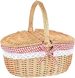 TYAGY Picknickkörbe Handgefertigter Korb Osterkorb Aufbewahrungskorb mit Doppeldeckel und Griff Campingkorb-Red||32 * 23 * 16cm