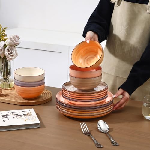 Image of Selamica Ceramic Plates and Bowls Sets,18 Pieces Dinnerware Sets for 6,Dishwasher & Microwave Safe dish set,Family & Holiday Dining, Maillard