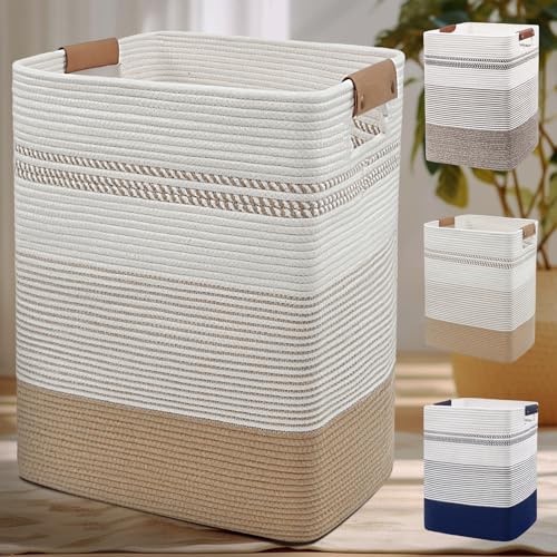 Image of DOFASAYI Laundry Hamper - 85L Large Laundry Basket with Leather Handles, Decorative Storage Basket for Blankets - Clothes Hamper for Living Room, Bedroom, Jute & White