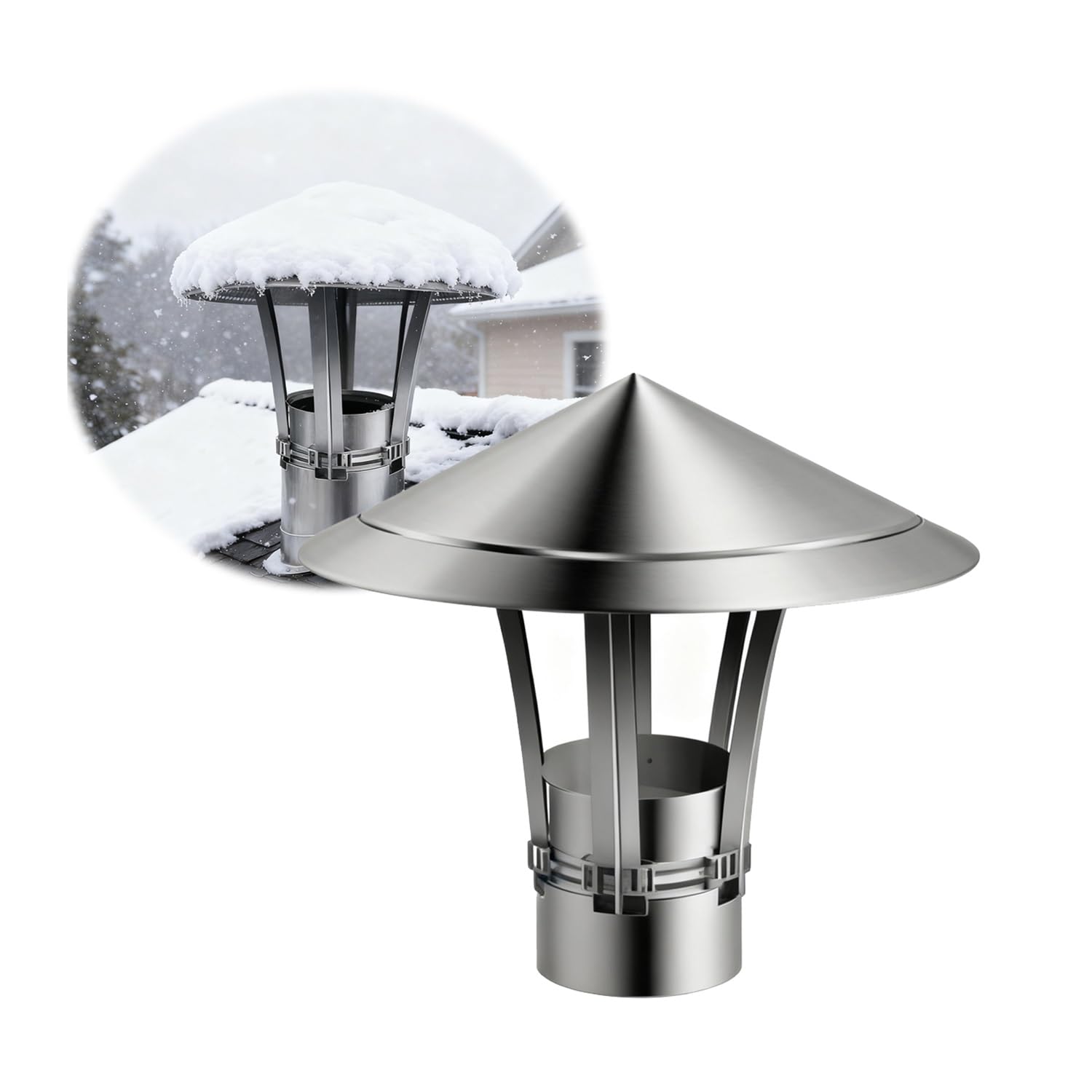 PFXNGMS Stove Pipe Topper 50-300 mm Chimney Covers, 201 Stainless Steel Cone Top Chimney Cap Adjustable Chimney Caps Chimney Rain Cap, for Weather-Proof Roof Cap for Exhaust Vent(160mm)