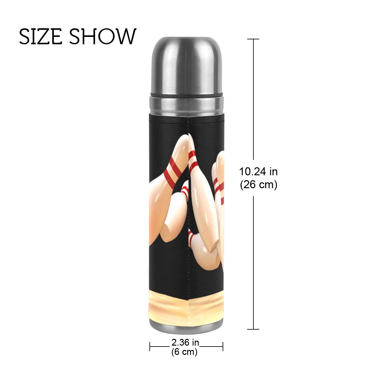 Taza de viaje aislada al vacío de acero inoxidable con doble pared a prueba de fugas, diseño deportivo de bolos, estampado personalizado impreso en piel auténtica, termo termo de 500 ml
