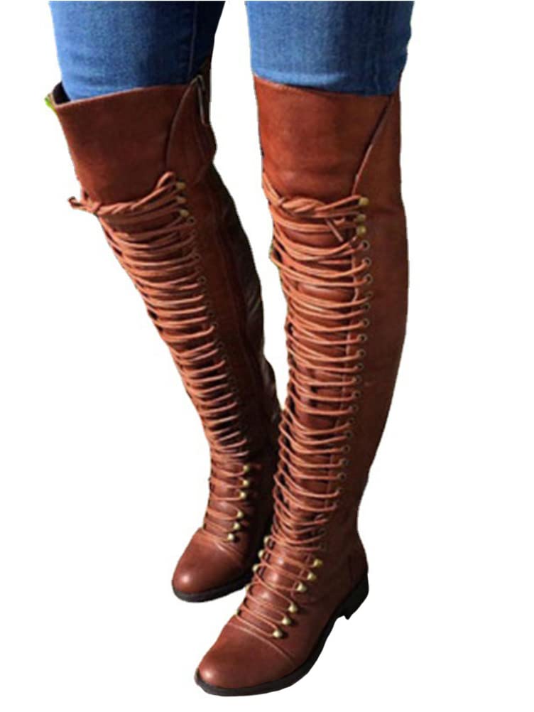 Onsoyours Mujer Otoño Invierno Cuña Interior Botas Sexis con Cordones sobre la Rodilla Botas de Caballero Retro para Mujer Botas Altas