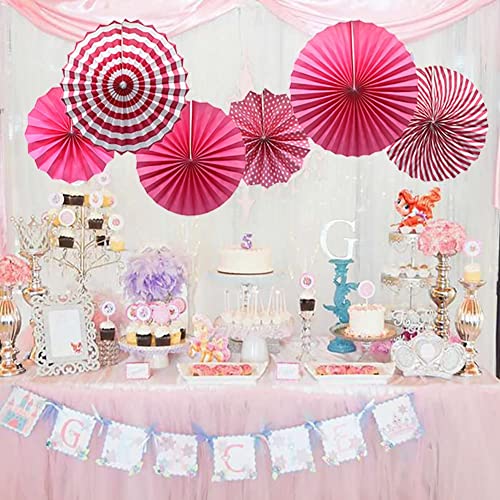 Image of 6 pcs Pink Hanging Paper Fans for Party Decoration Colorful Patterns Party Fans for Birthday Anniversary Bridal Shower Baby Shower Christmas Diwali & Wedding Decor (Pack of 6, Pink)