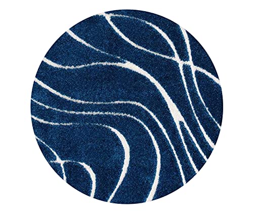 Image of Geometric Wave Round Shaggy Carpet for Living Room, Bedroom, High Low Design Finish Microfiber 1.8 Inch Pile High, 7x7 Feet Navy|Ivory Color