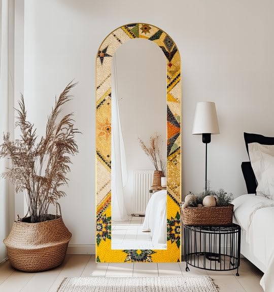 23,5’’W x 67’’H Golden & Brown Elegance – Mosaic Floor Mirror Arched Full Lenght Mirror - Arch Full Body Stained Floor Mirror with Black Frame with Silver Frame