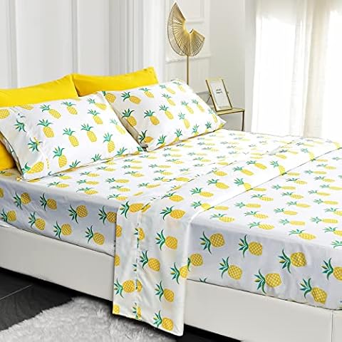 American Home Collection Ultra-Soft Microfiber Sheet Set - Double Brushed - Wrinkle and Stain Resistance - Fit 14 inches Deep Pocket - 4 Pieces Set (Twin, Yellow Pineapple) Cover